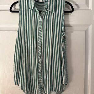 Green and White Striped Sleeveless Blouse